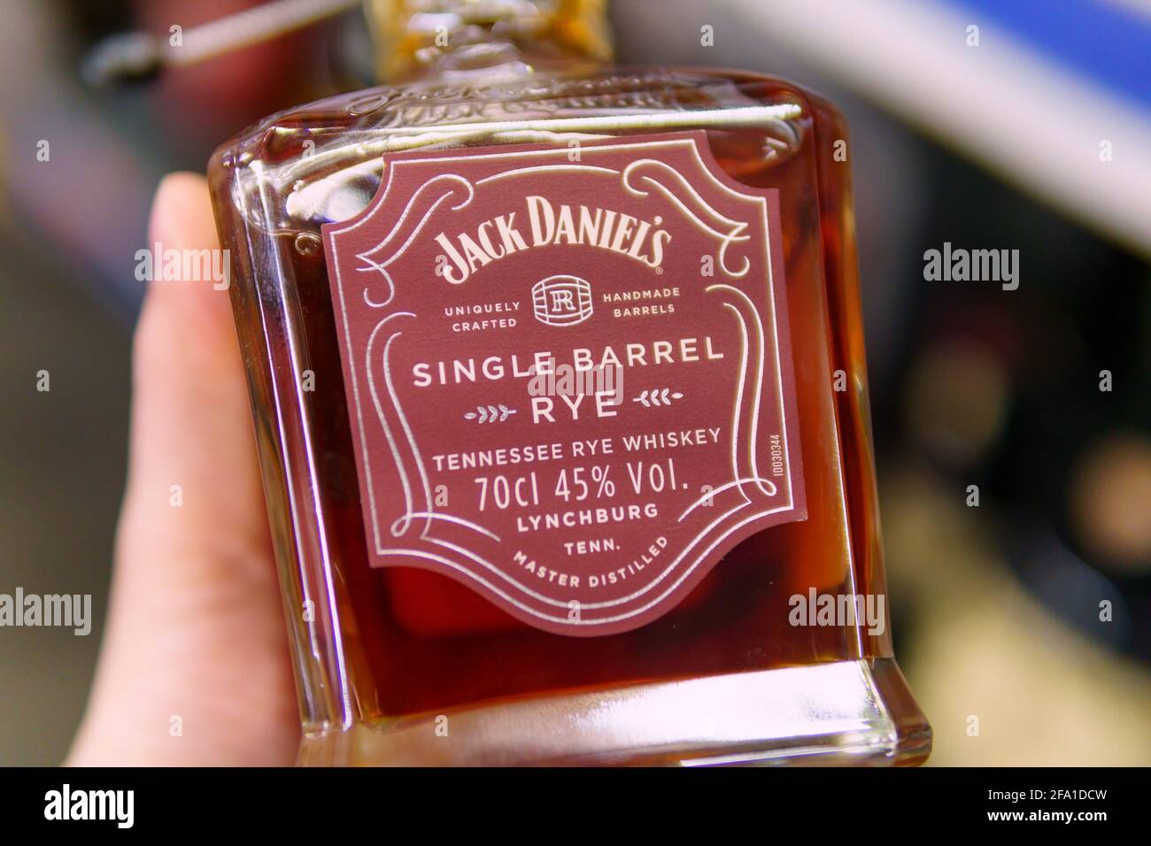 Tyumen, Russiaapril 21, 2021 Jack Daniels whiskey on the shelves of