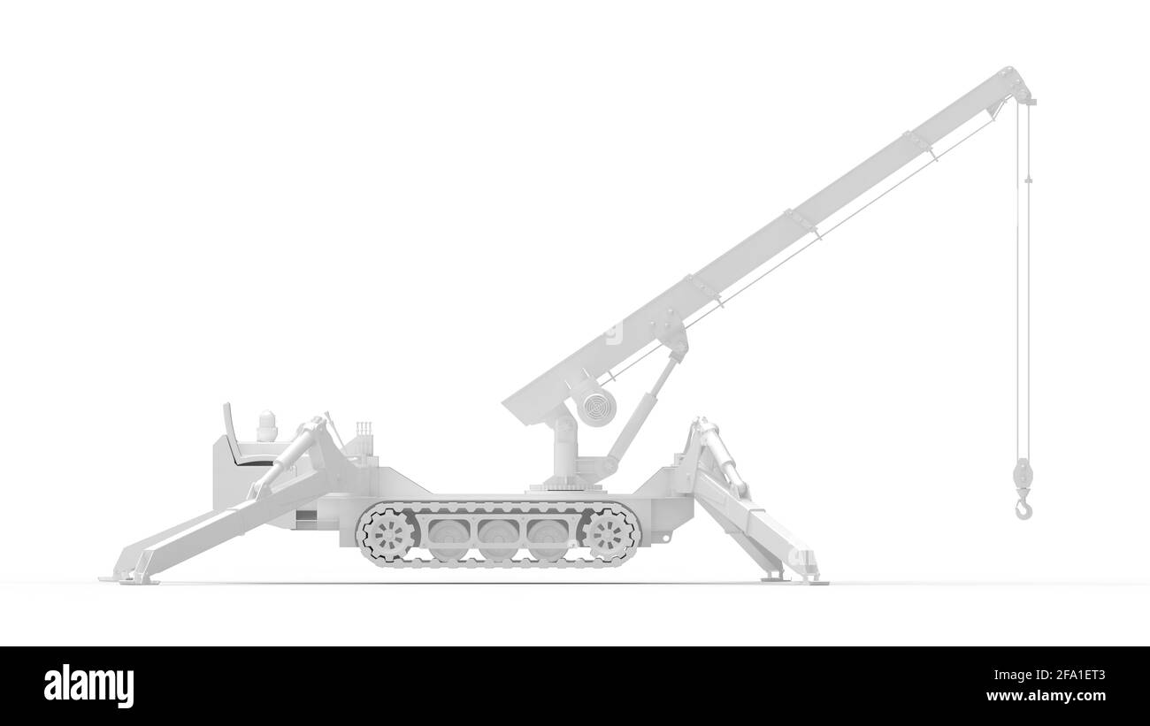 3D rendering of a mobile crane standing on its feet isolated in a white studio. Stock Photo