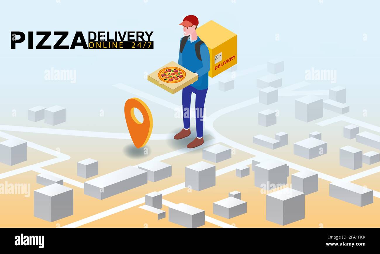 Isometry Pizza delivery courier man with package fast food pizza