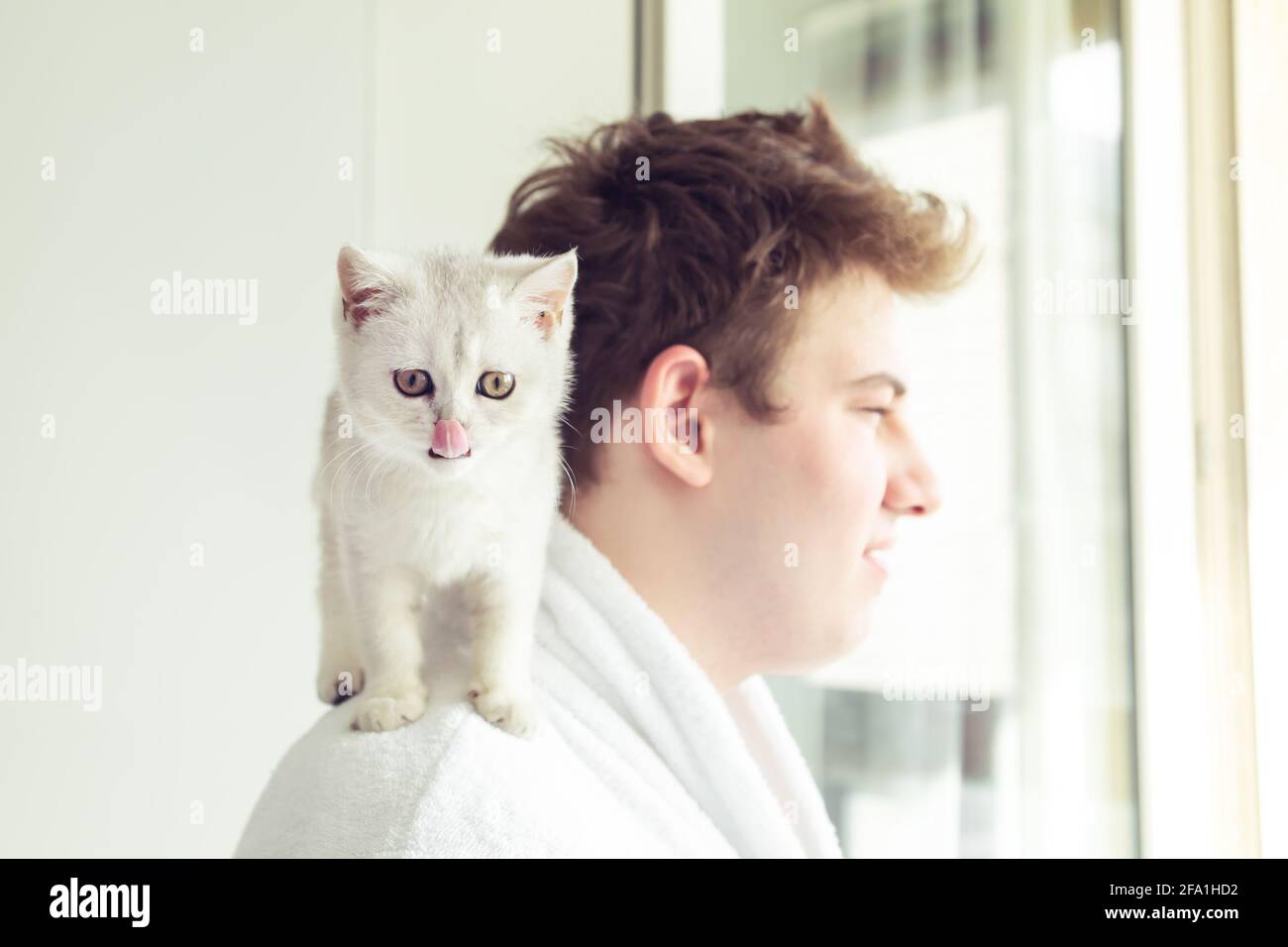 White kitten sitting on the man's shoulder. Early morning, sunshine