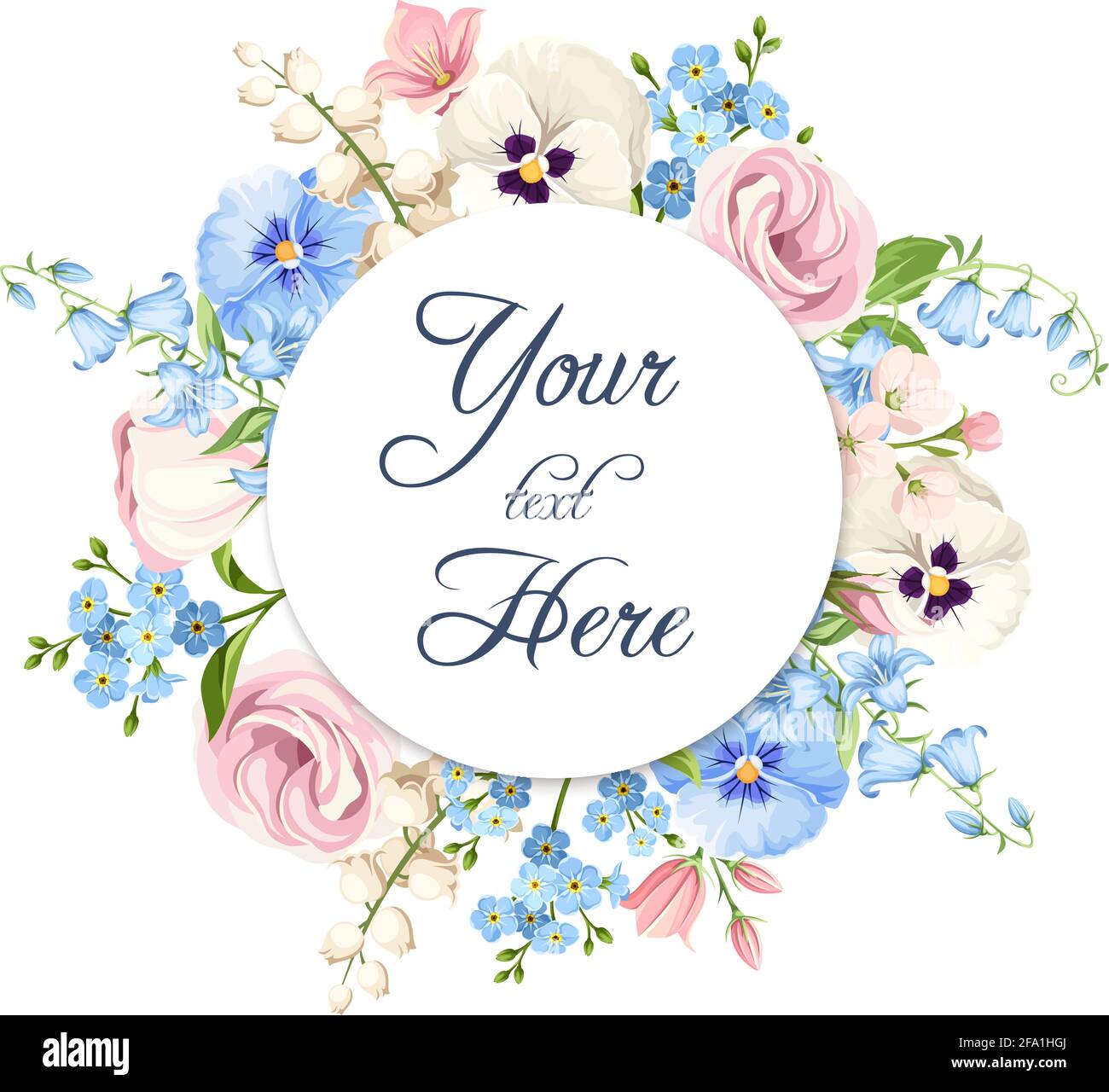 Vector invitation or greeting circle card with pink, blue and white pansy flowers, lisianthus flowers and forget-me-not flowers. Stock Vector