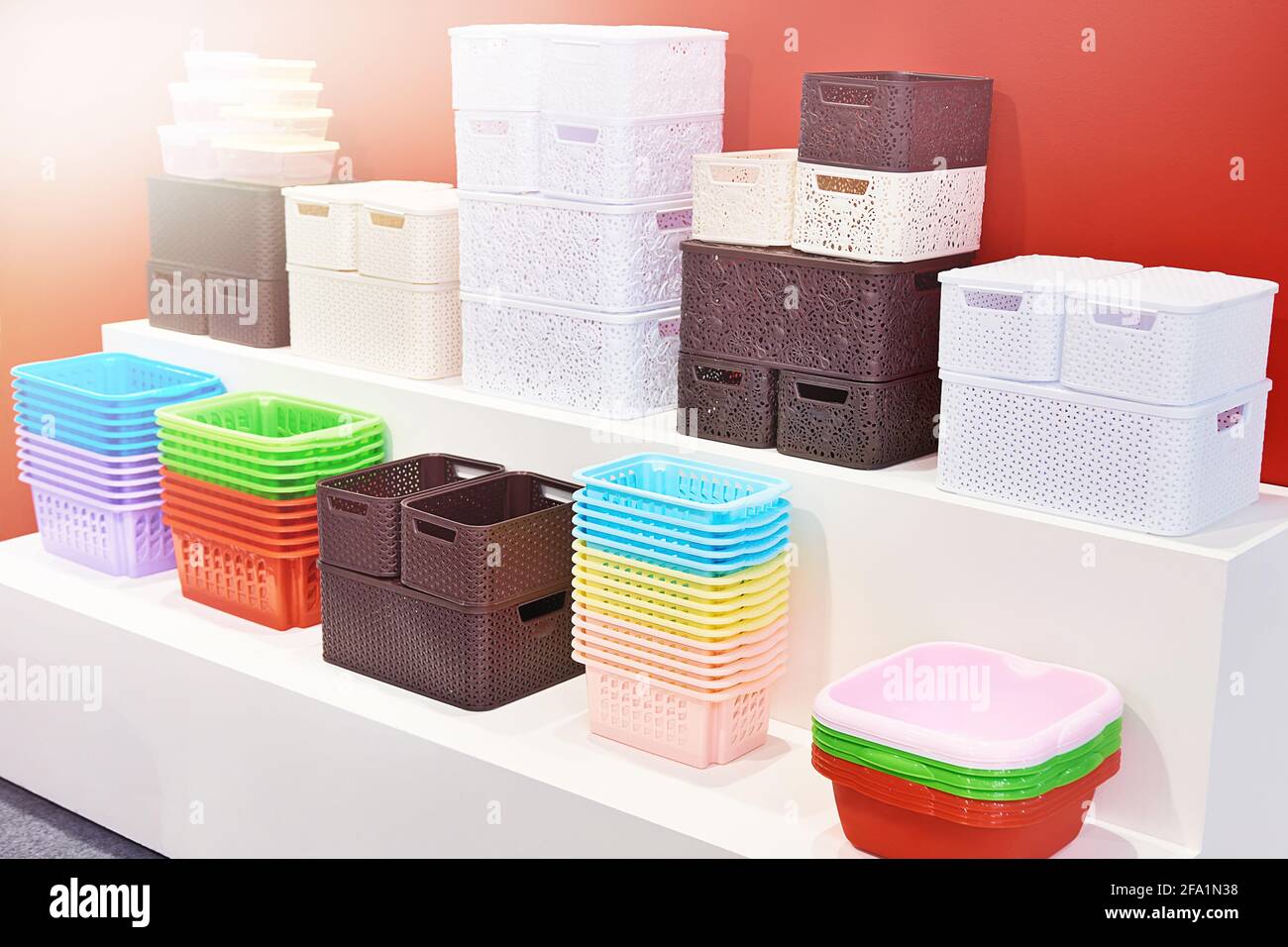 Plastic containers in the store of household goods Stock Photo Alamy