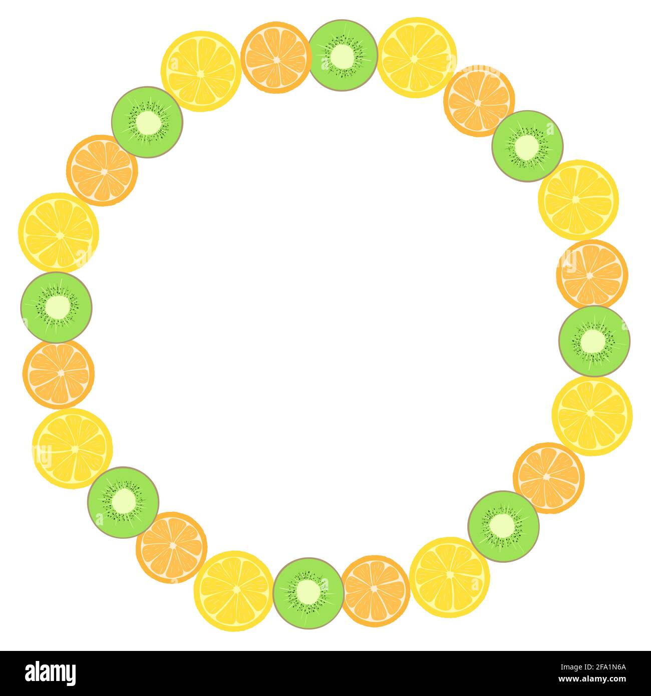 Simple round frame with fruits. Oranges lemons and kiwi in a circle. Vector.Template for design on the theme of food. Stock Vector