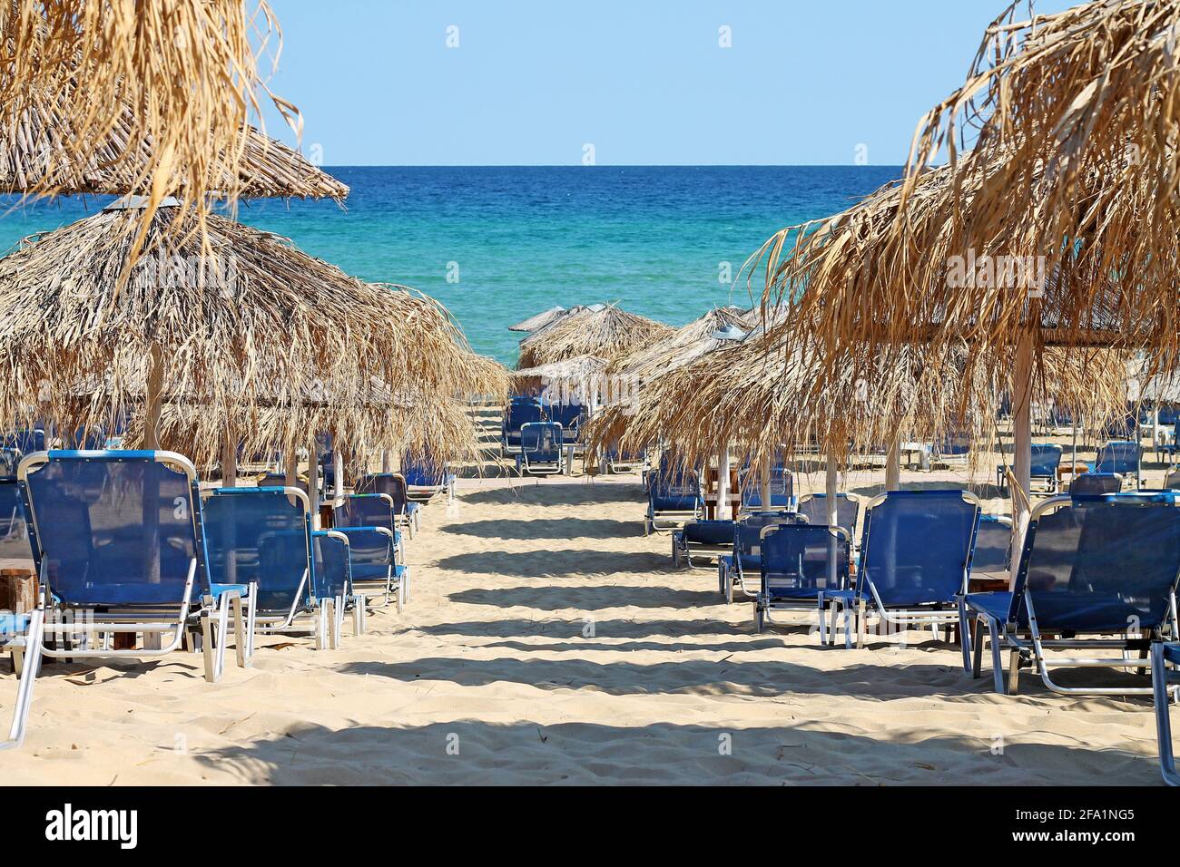 Popular greece beach - Ammolofoi. View of the beach on the Aegean coast. Nea Peramos, Kavala, Northen Greece. Stock Photo