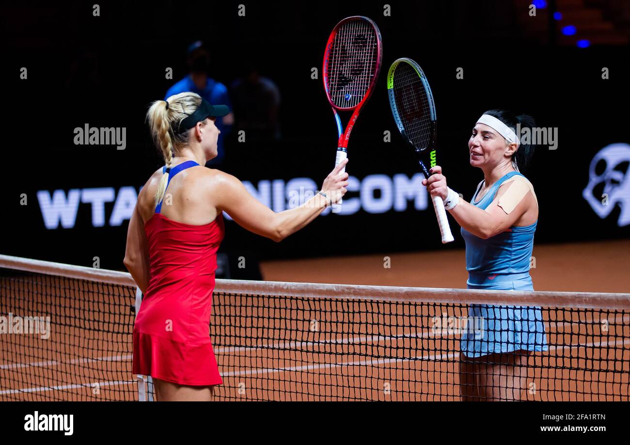 Angelique Kerber of Germany and Ekaterine Gorgodze of Georgia at the net after their first-round match at the 2021 Porsche Tennis Grand Prix, WTA 500 tournament on April 21, 2021 at Porsche Arena in Stuttgart, Germany - Photo Rob Prange / Spain DPPI / DPPI / LiveMedia Stock Photo