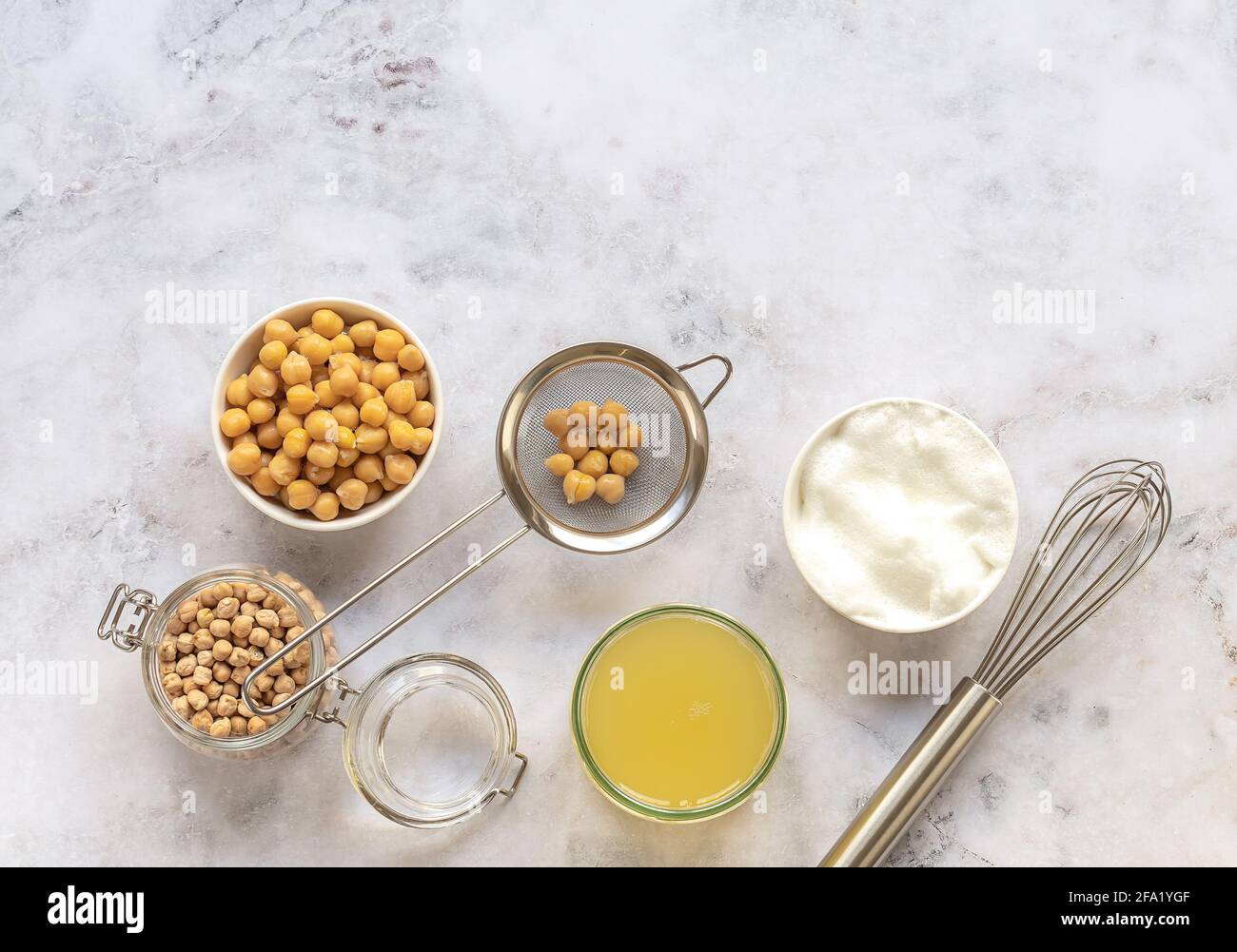 Canned Chickpea Aquafaba Egg Replacement And Substitutes Vegan Cooking Concept Whipped Foam In A Bowl Top View Copy Space Stock Photo Alamy