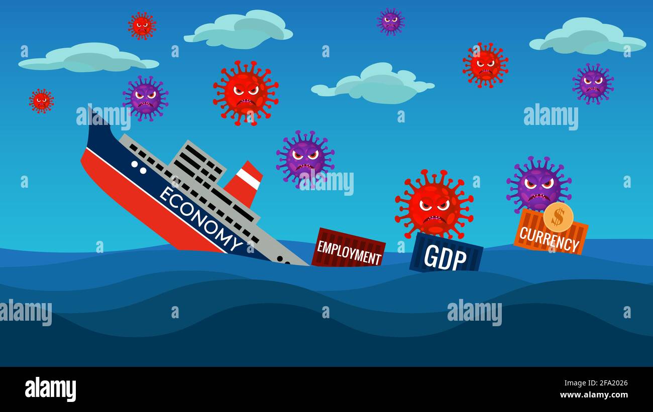 GDP and the  Economy shrink  ahead due to coronavirus pandemic covid 19.Currency value decreses, GDP decrases and  Unemployment increases. Stock Vector