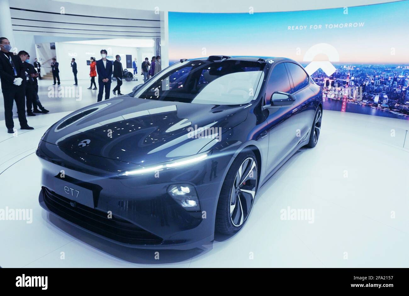 Shanghai, Shanghai, China. 20th Apr, 2021. On April 20, 2021, the new car NIO ET7 released by NIO at the Shanghai Auto Show attracted many fans to watch. At the 2021 Shanghai Auto Show, NIO, as one of the new car-making forces in China, released its first L4 autonomous driving smart flagship sedan ''NIO ET7'', which has attracted the attention of many car fans.NIO ET7 applies NIO NAD autopilot technology, is equipped with NIO Aquila super-sensing system, and is equipped with a total of 33 sensing hardware including 11 high-definition cameras and high-precision lidar, and cooperates with NIO Stock Photo