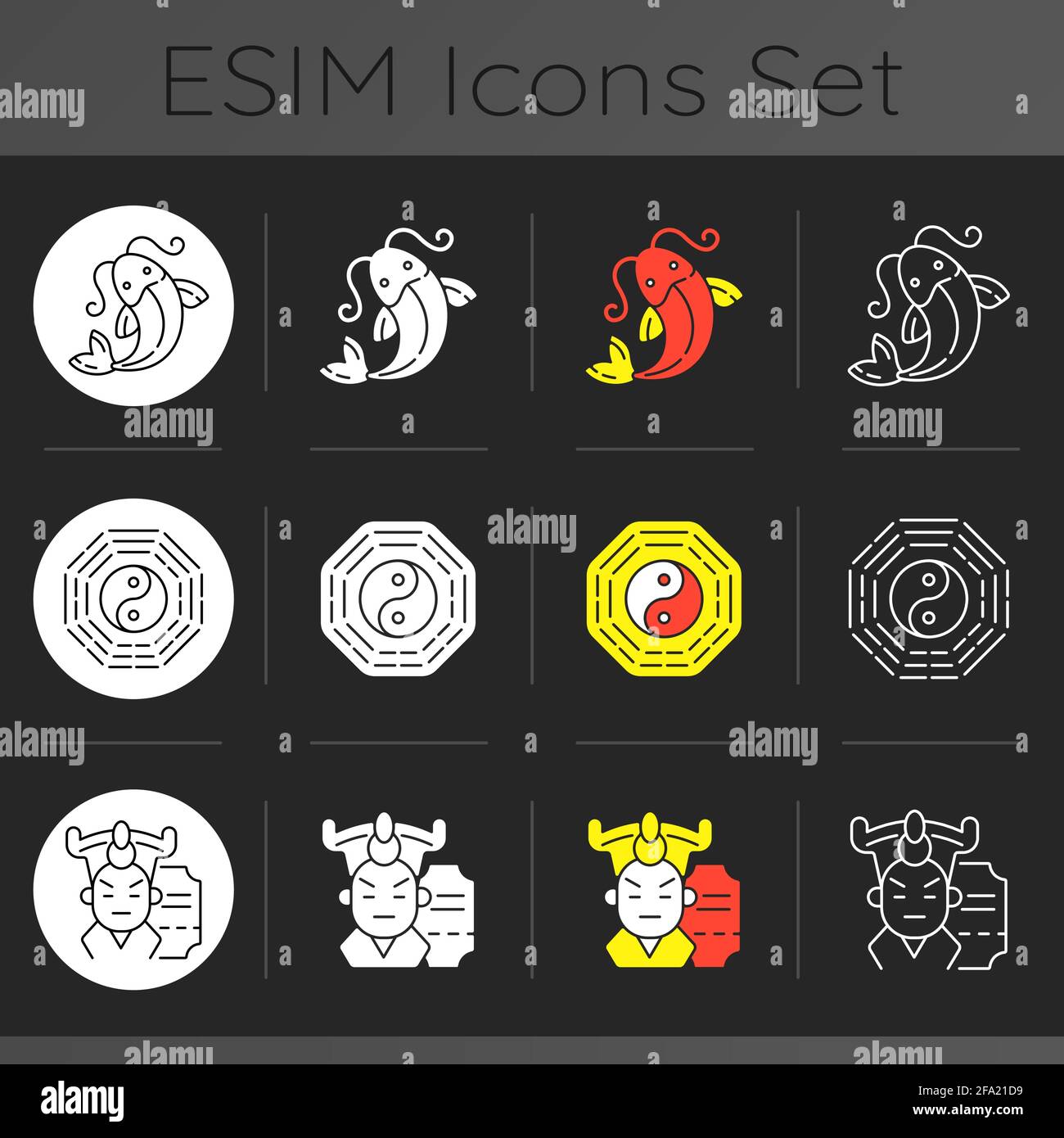 Asian traditions dark theme icons set Stock Vector