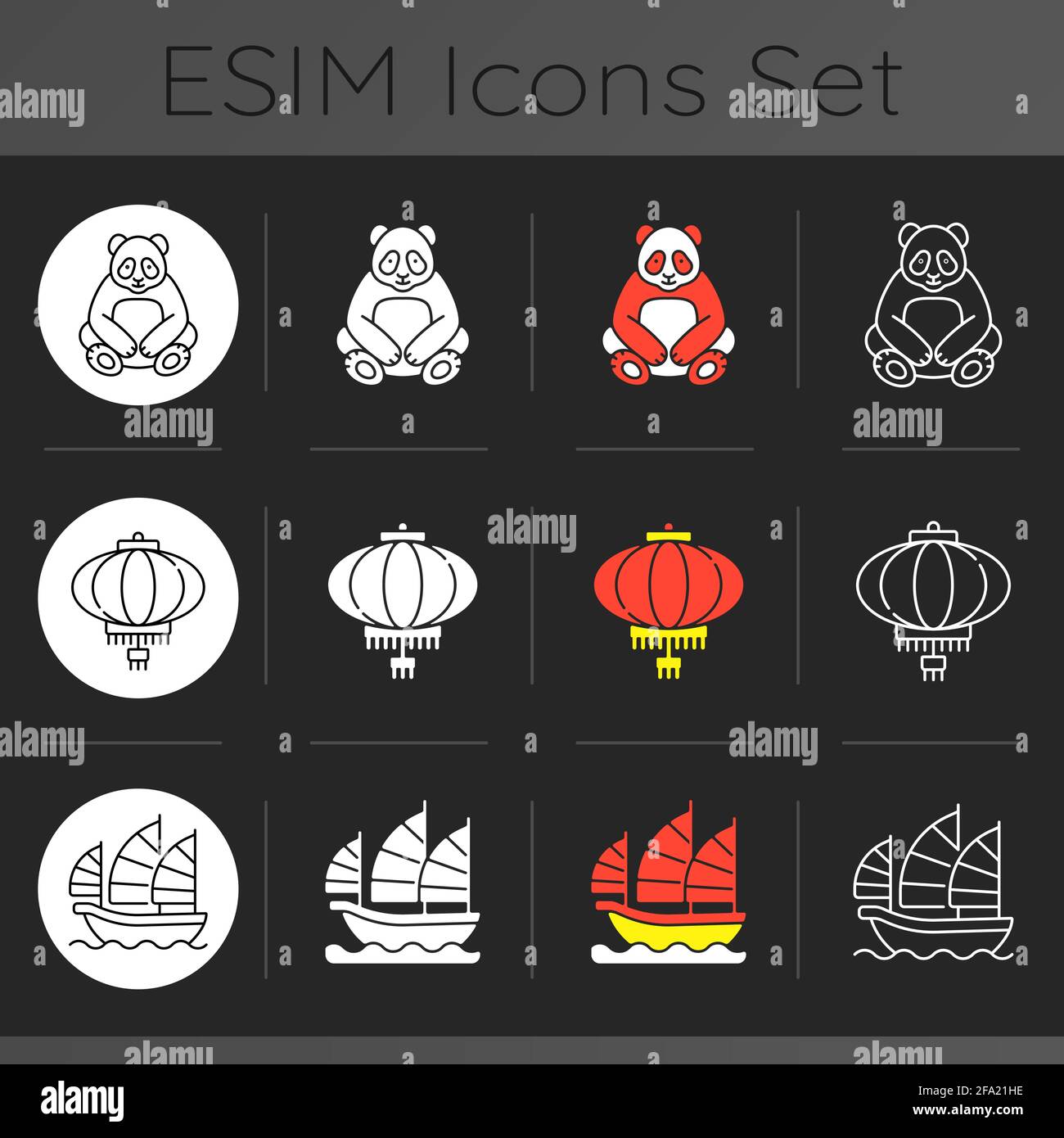 Asia dark theme icons set Stock Vector