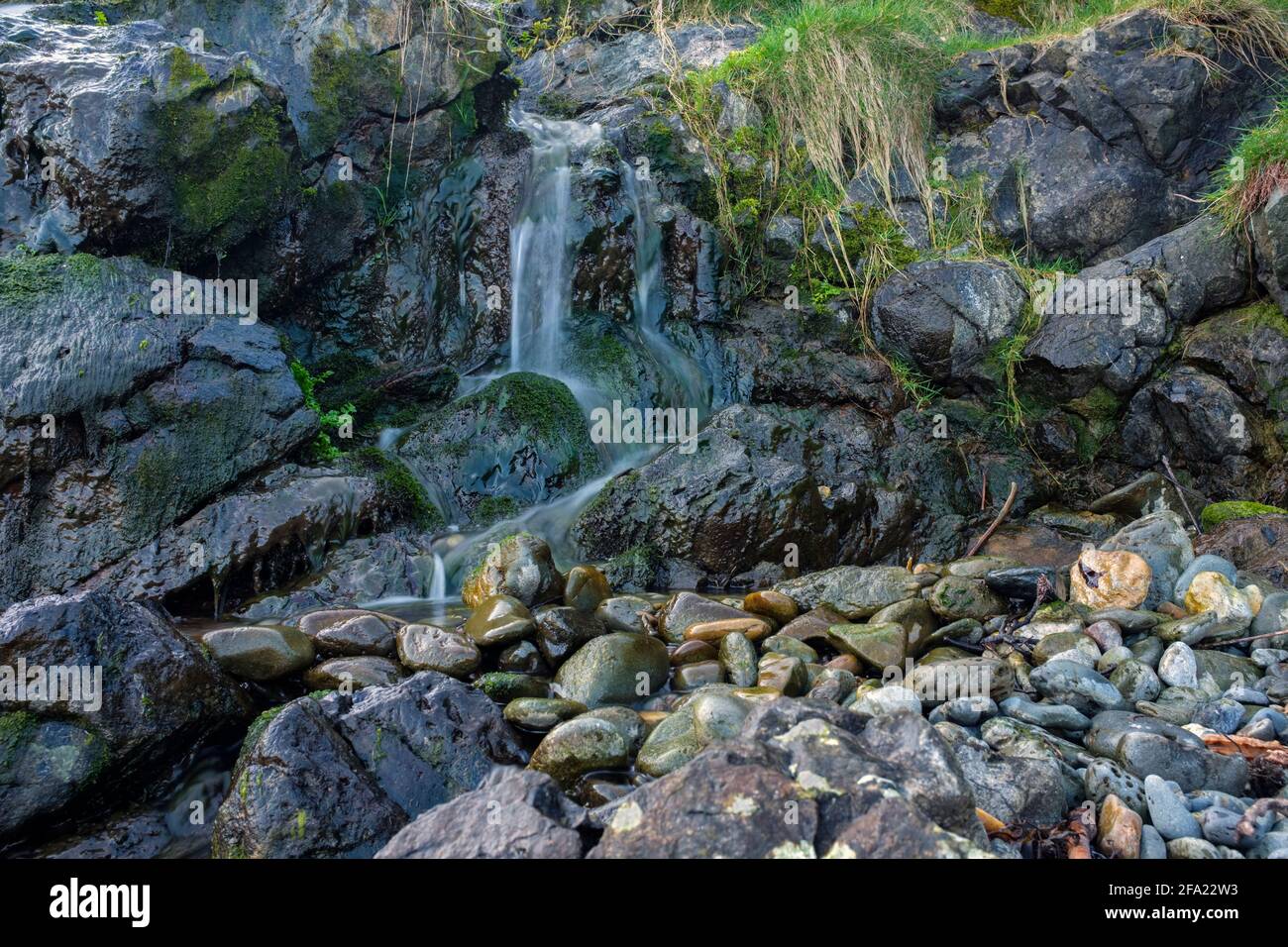 Fresh water stream flowing onto a pebble beach in Wales. Stock Photo