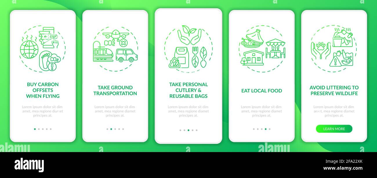 Sustainable tour tips onboarding mobile app page screen with concepts ...