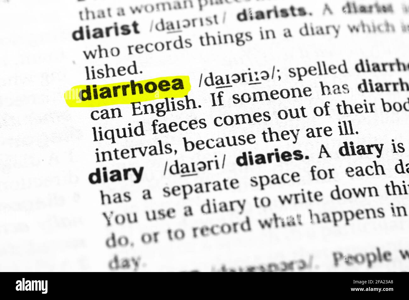 Highlighted word diarrhoea concept and meaning. Stock Photo