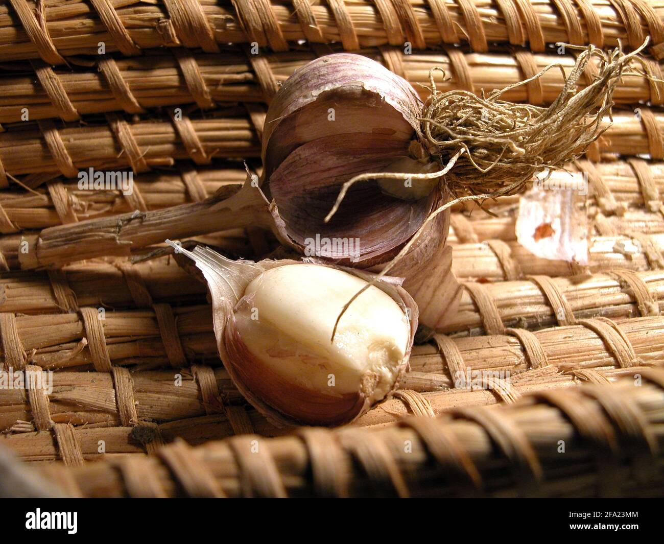 common garlic (Allium sativum), garlic bulb with garlic clove in a basket Stock Photo