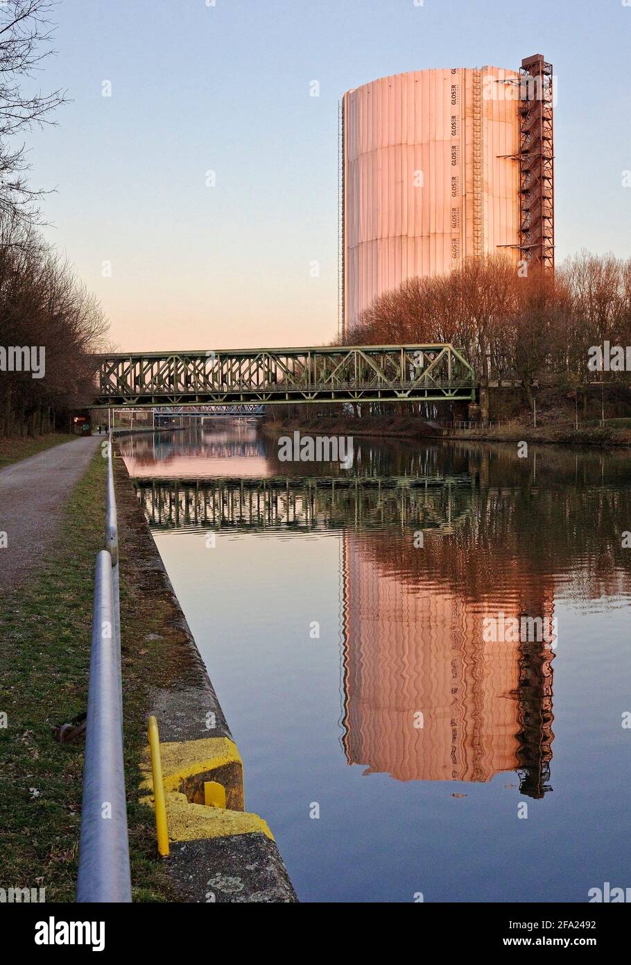 veiled gasometer Oberhausen at the Rhine-Herne-Canal, Germany, North Rhine-Westphalia, Ruhr Area, Oberhausen Stock Photo