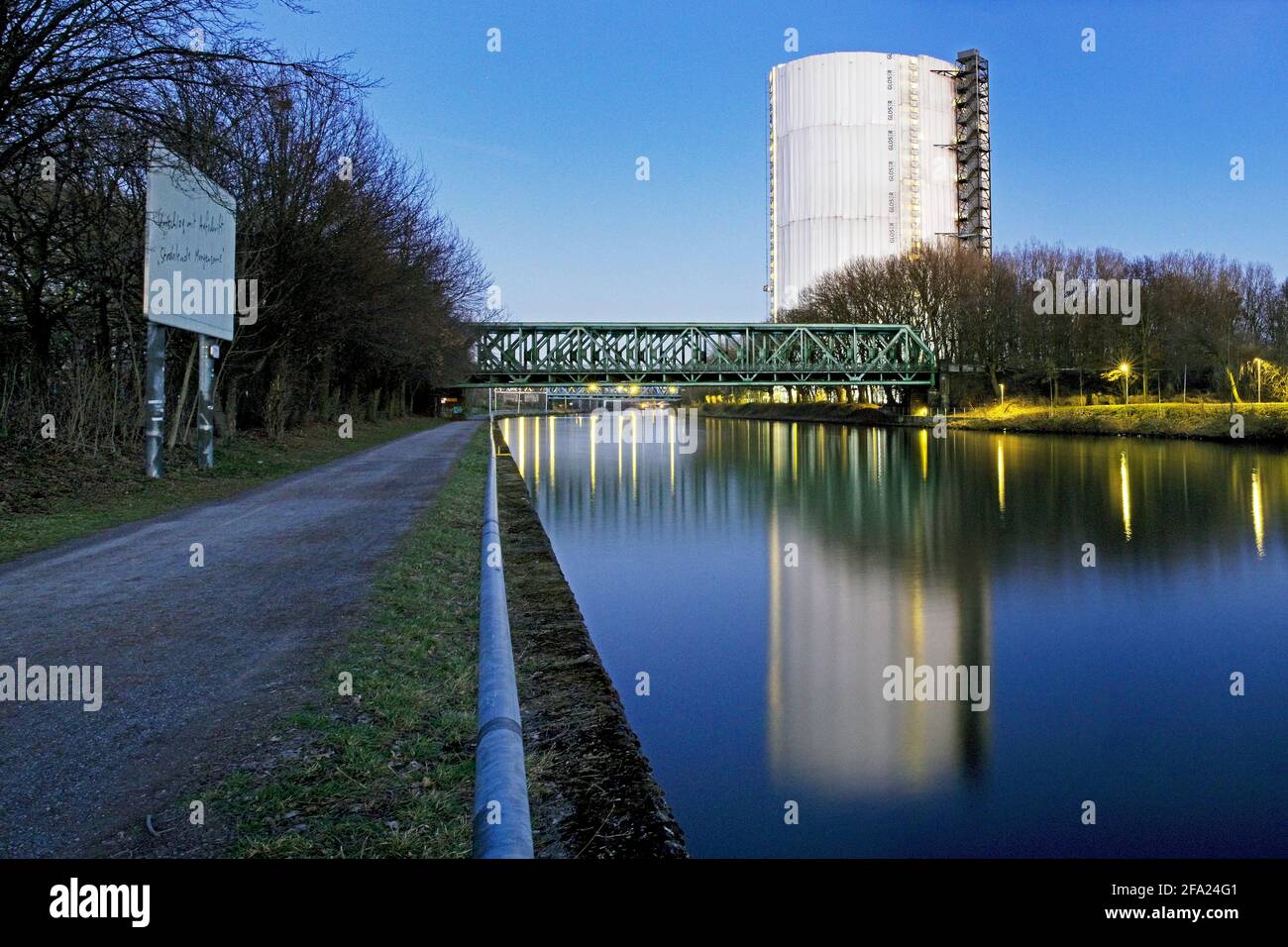 veiled gasometer Oberhausen at the Rhine-Herne-Canal, Germany, North Rhine-Westphalia, Ruhr Area, Oberhausen Stock Photo
