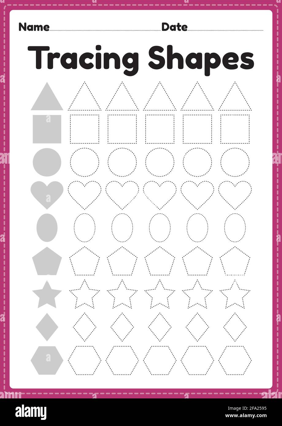 Tracing shapes worksheet for kindergarten and preschool kids for handwriting practice and educational activities in a printable page illustration. Stock Vector