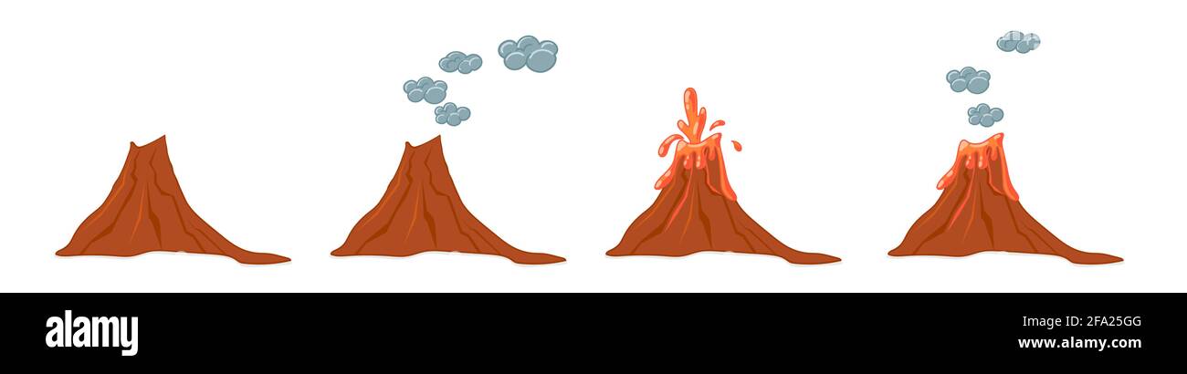 Vector set of cartoon volcanoes of varying degrees of eruption. Flat illustration with isolated objects. Stock Vector