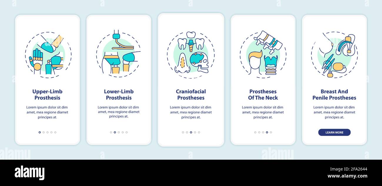 Prostheses types onboarding mobile app page screen with concepts Stock Vector