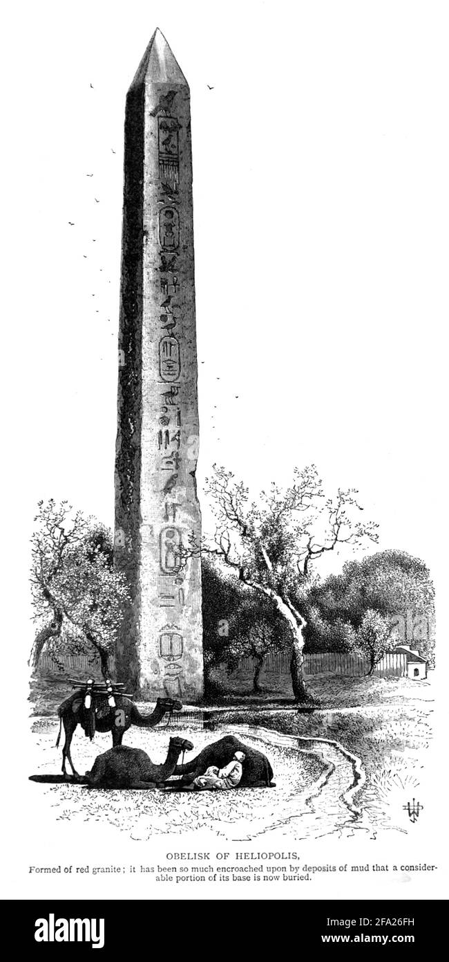 Obelisk of Heliopolis, Egypt Wood engraving of from 'Picturesque Palestine, Sinai and Egypt' by Wilson, Charles William, Sir, 1836-1905; Lane-Poole, Stanley, 1854-1931 Volume 4. Published in 1884 by J. S. Virtue and Co, London Stock Photo