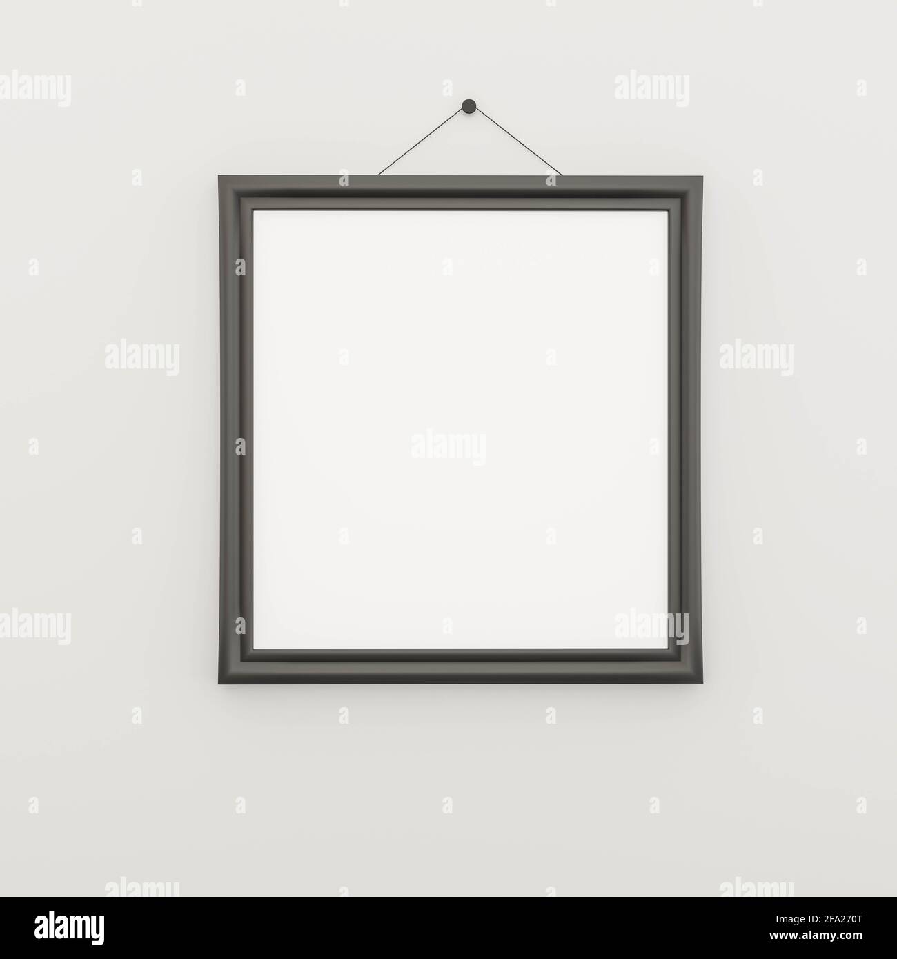 empty blank black picture frame hanging on a white wall 3d render illustration Stock Photo