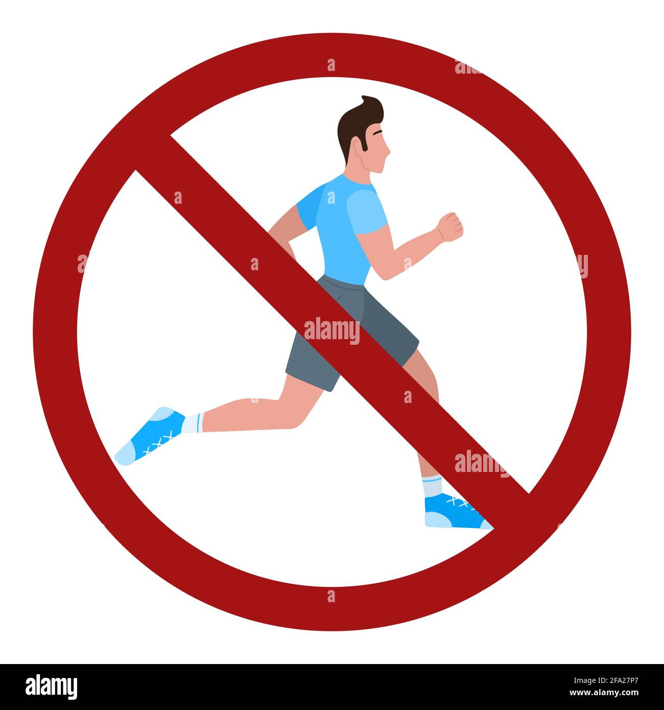 Running man in a prohibition sign. No jogging in the park. Ban on sports. Vector flat sign for stickers. Stock Vector