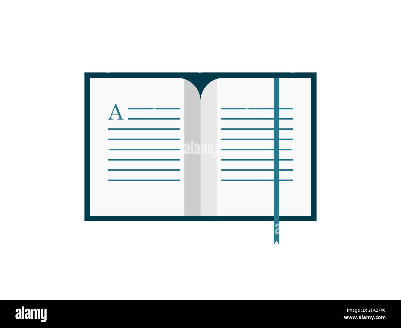 Open book icon with bookmark. Blue text book with lines of text and letter A. Literature and writing. Reading, learning and education concept. Vector Stock Vector