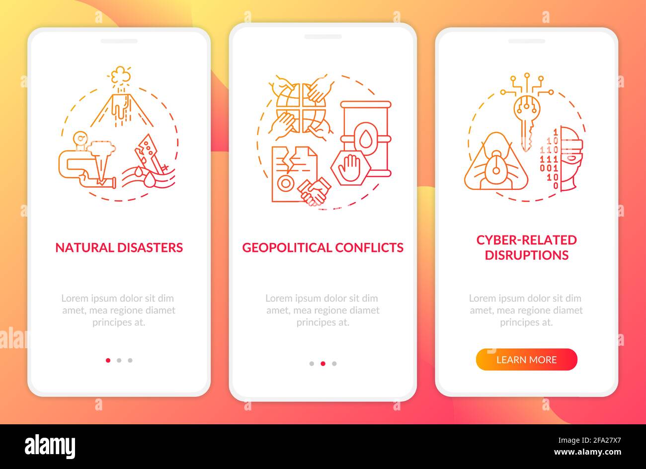 Energetic security risks onboarding mobile app page screen with concepts Stock Vector