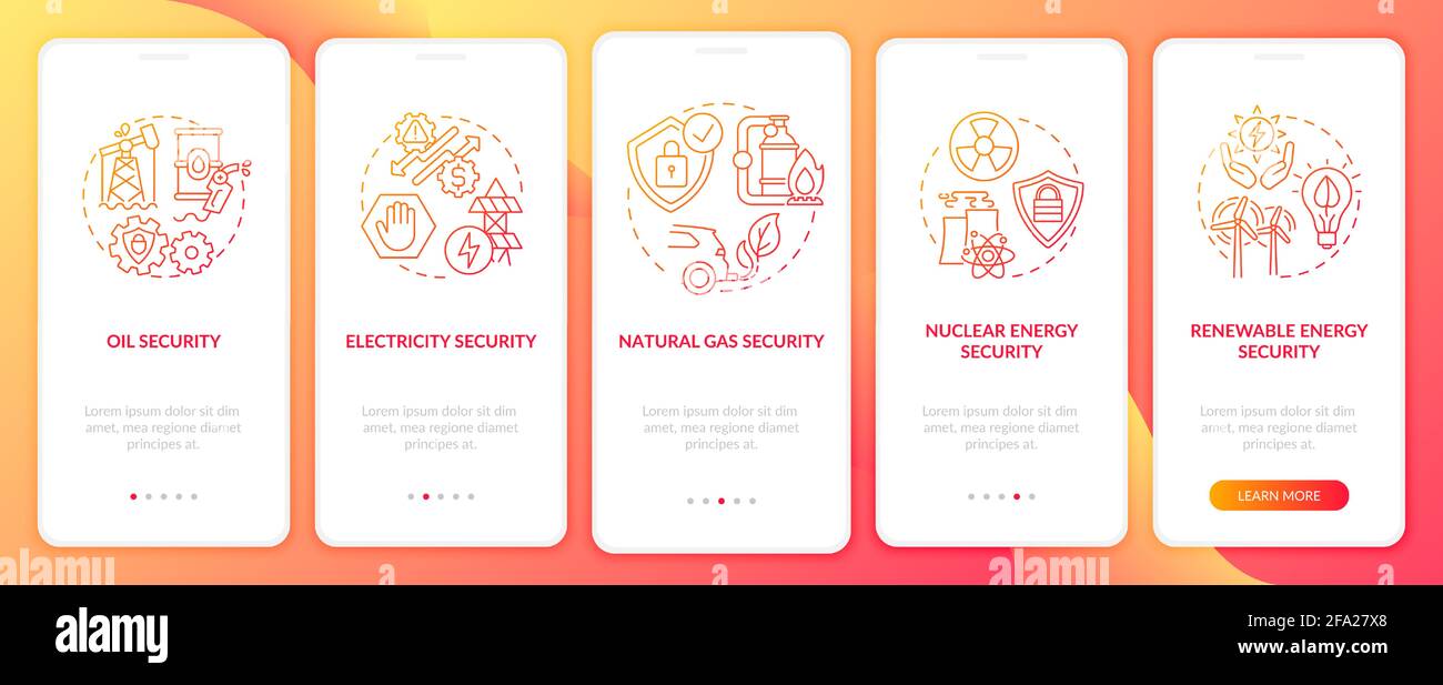 Energetic security types onboarding mobile app page screen with concepts Stock Vector