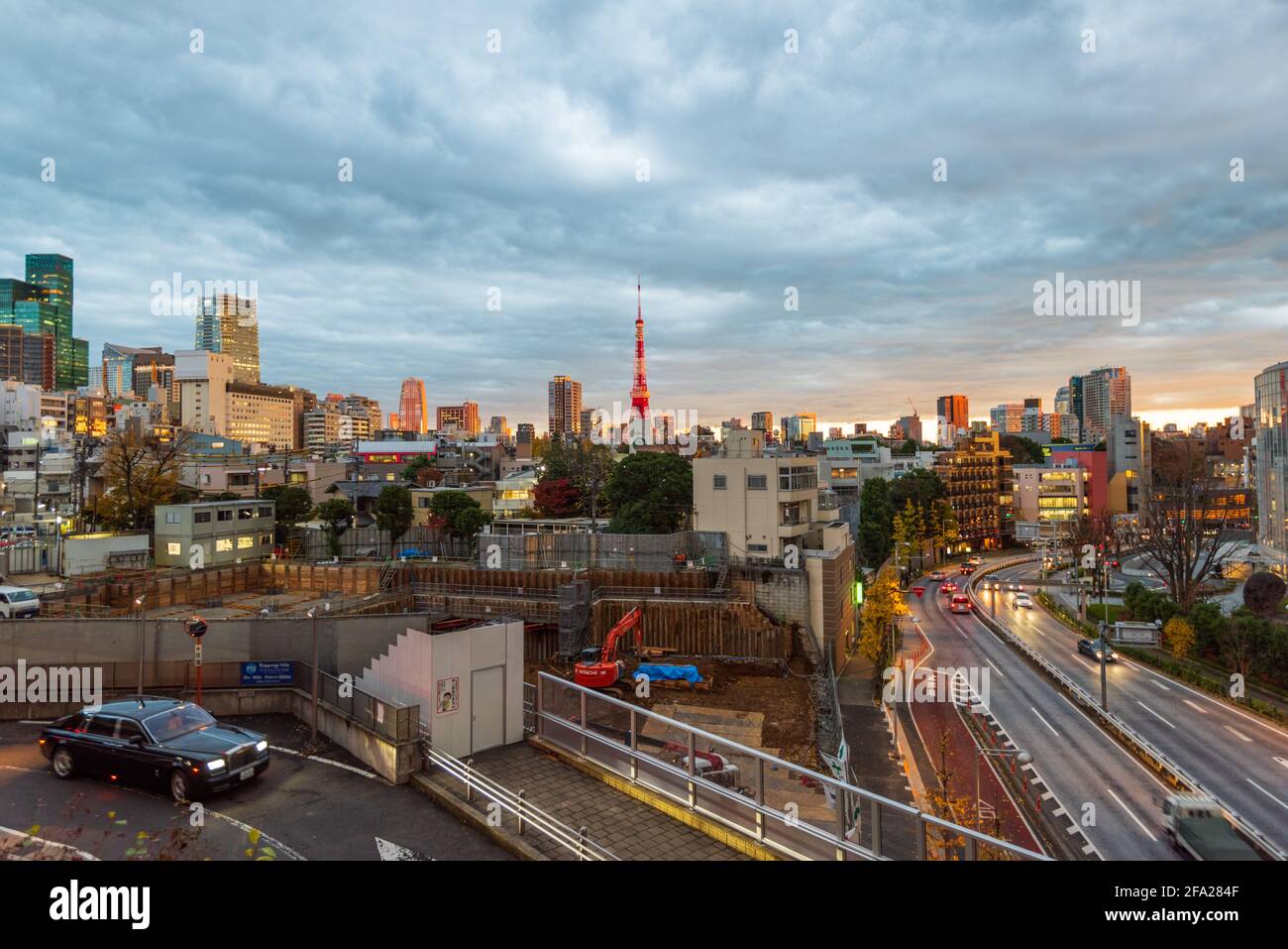 Tokyo, Japan - December 11, 2015: Elevated evening view of the city skyline and iconic Tokyo Tower, Tokyo, Japan, Asia Stock Photo