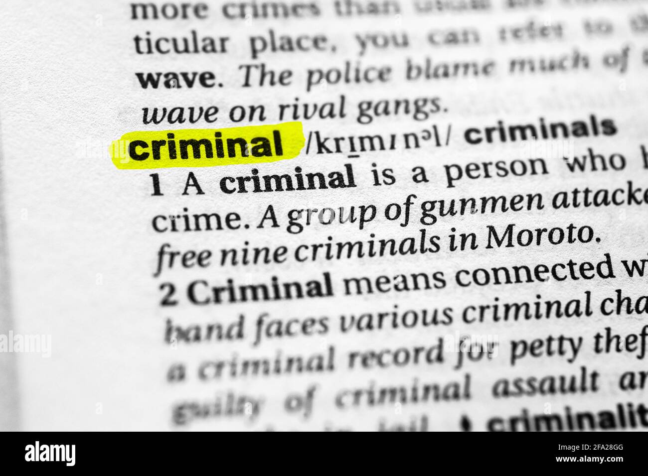 Highlighted word criminal concept and meaning. Stock Photo