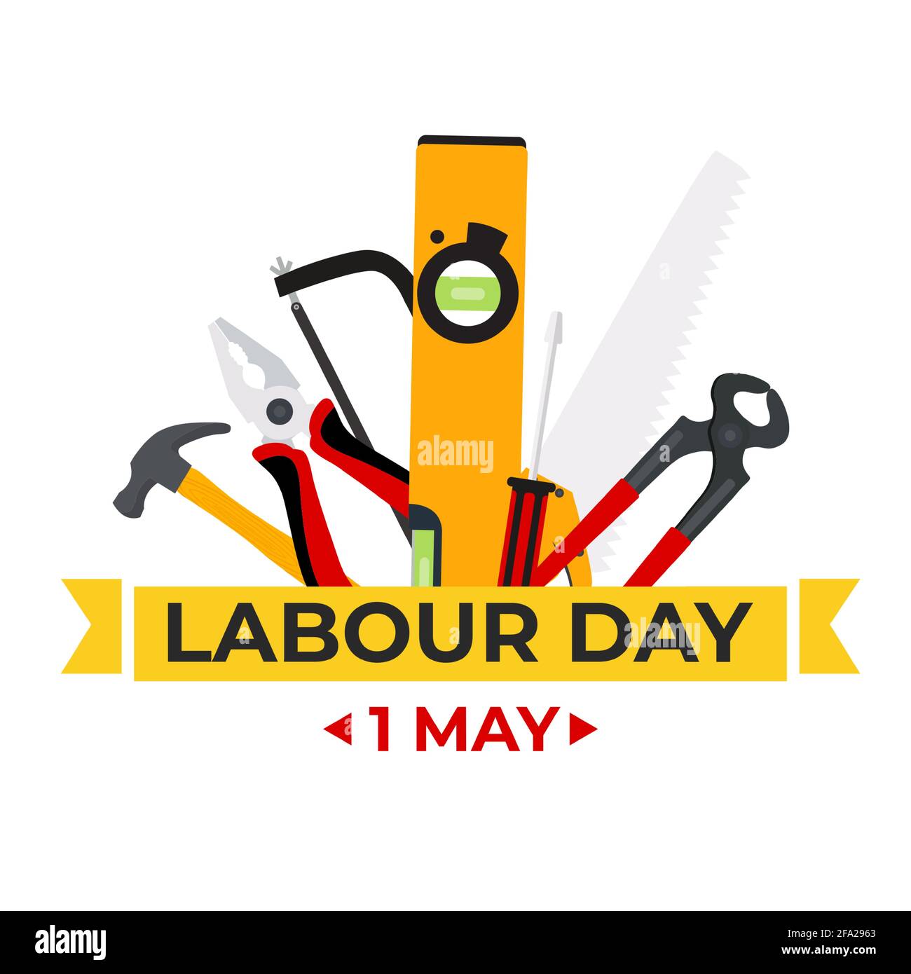 1 May Happy labour day background with working tools. Vector illustration Stock Vector