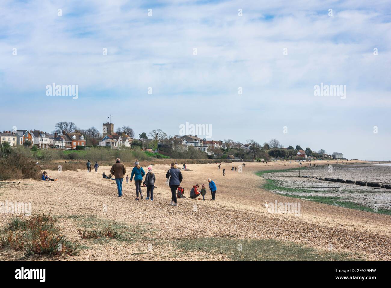 Mersea Essex UK, view of people walking on the beach at West Mersea