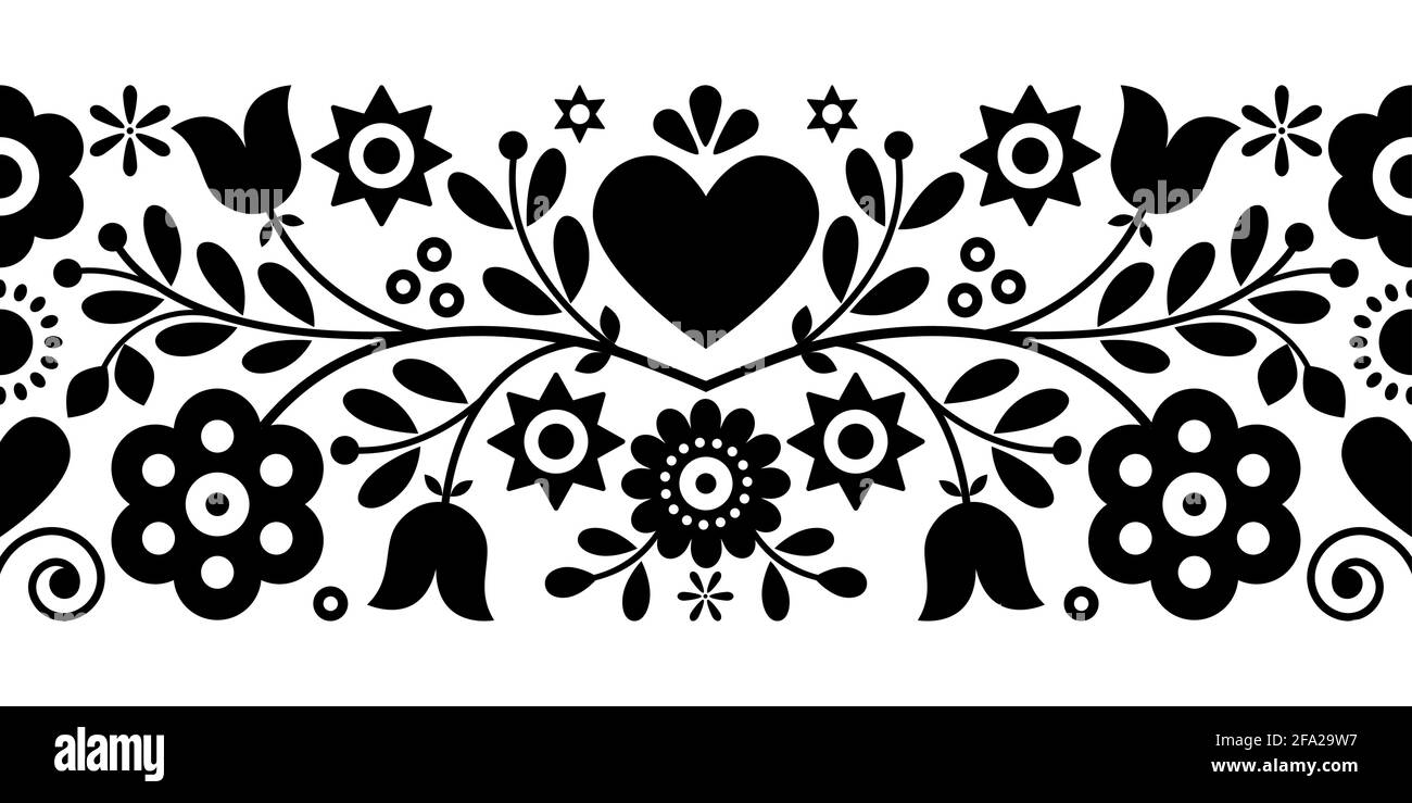 Retro Polish floral folk art vector greeting card or seamless black pattern inspired by old highlanders embroidery Lachy Sadeckie from Nowy Sacz in Po Stock Vector