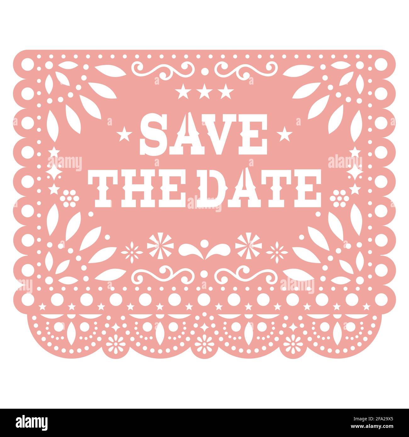 Save the date Papel Picado vector party banner design, Mexican cut out paper decoration with flowers, stars, and geometric shapes Stock Vector