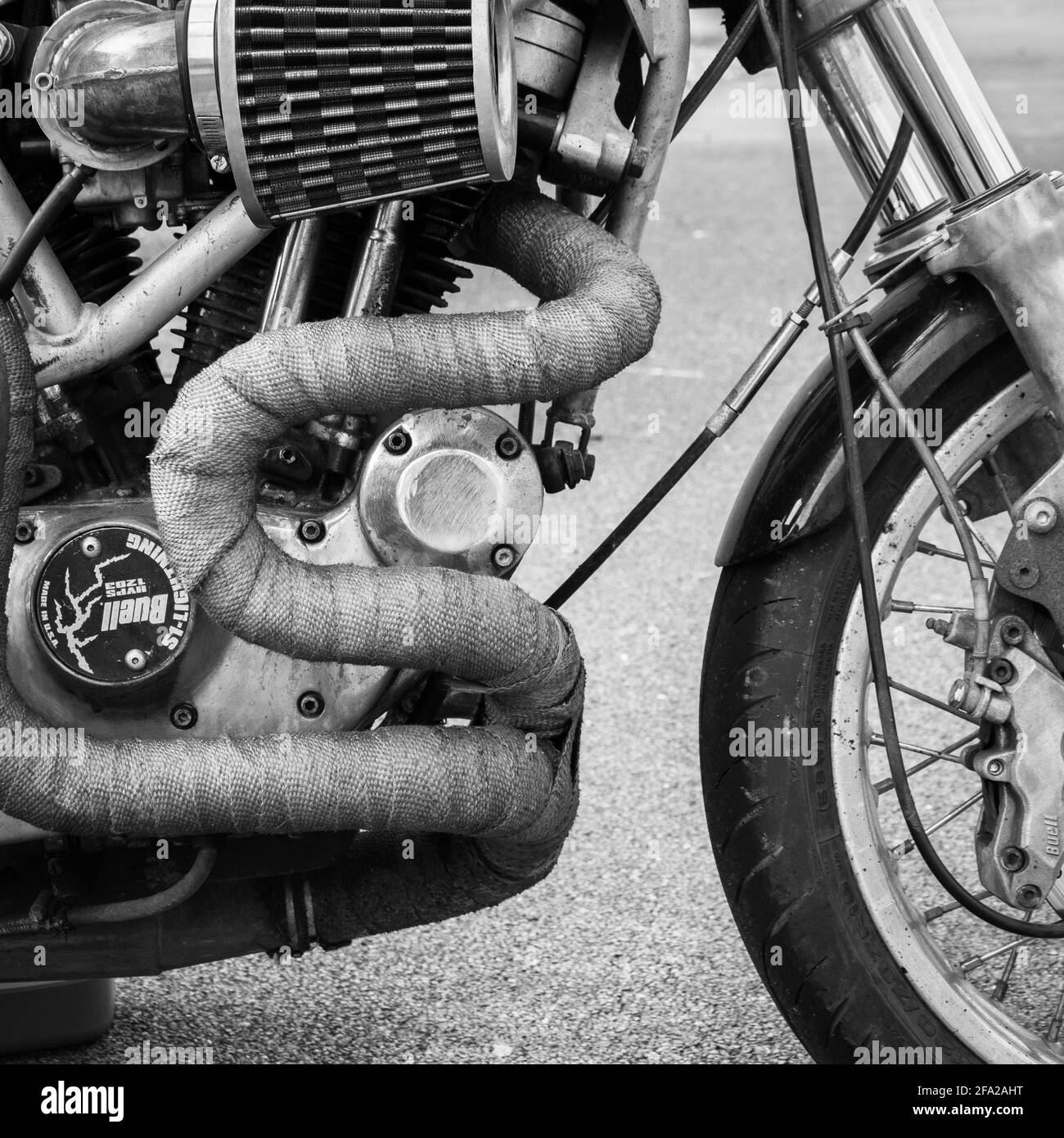 Close up of lagged exhaust pipes on motorbike. Stock Photo