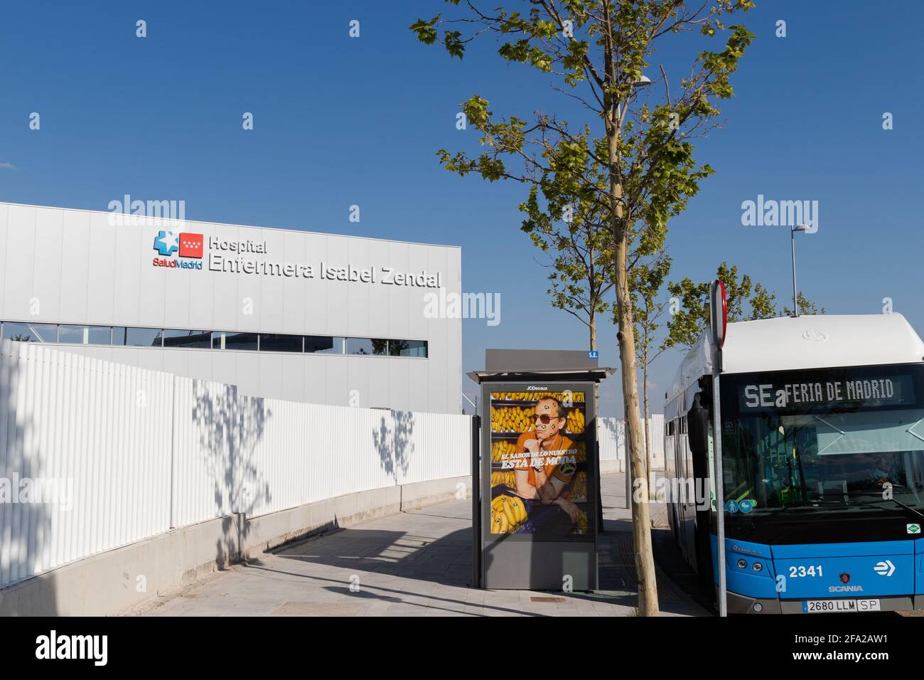 Madrid, Spain; April 17 2021: Facade of the new  Pandemic Hospital (Hospital Enfermera Isabel Zendal) used as a COVID-19 vaccination point Stock Photo