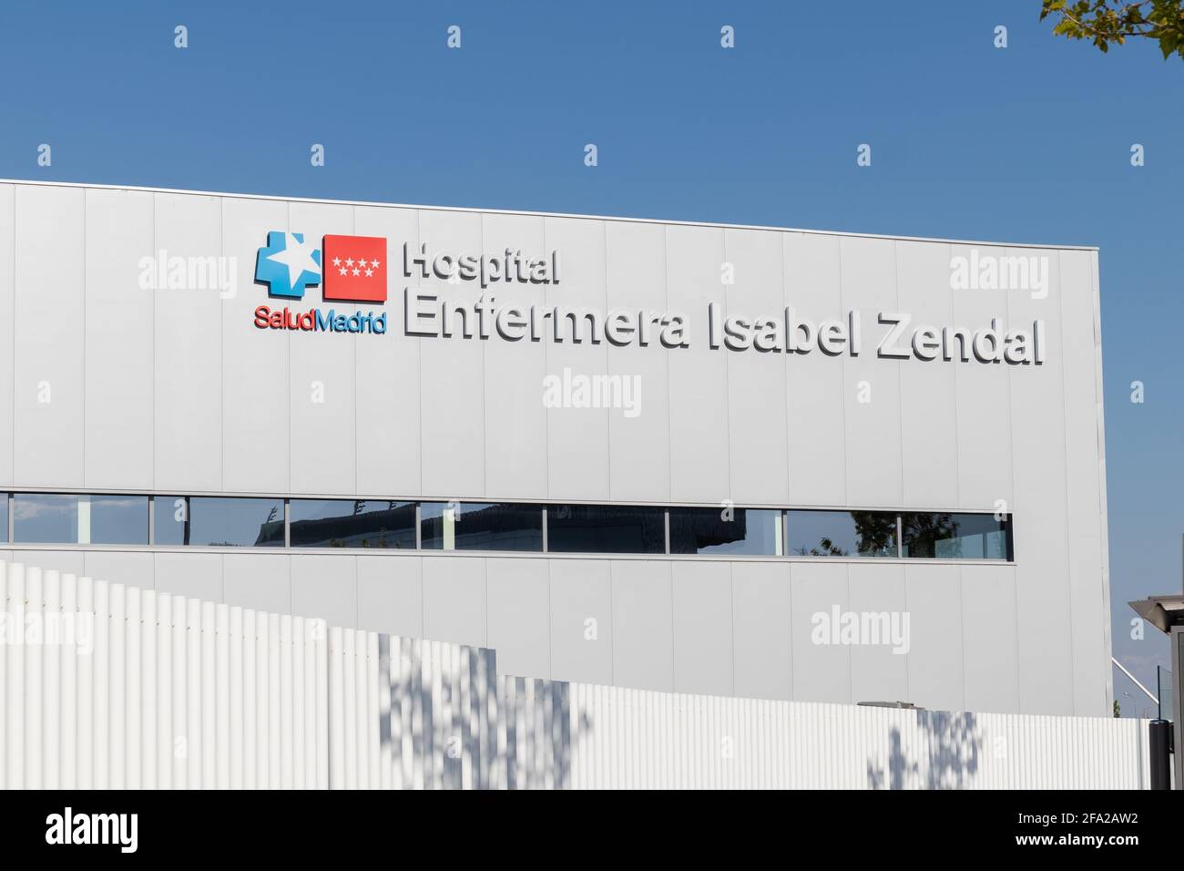 Madrid, Spain; April 17 2021: Facade of the new Pandemic Hospital (Hospital Enfermera Isabel Zendal) used as a COVID-19 vaccination point Stock Photo