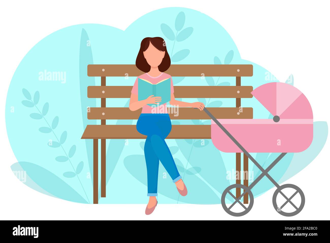 Take a walk with a stroller. The girl sits on a bench and reads a book. Mom in the park with her child. Outdoors mom and baby. Vector, concept. Stock Vector