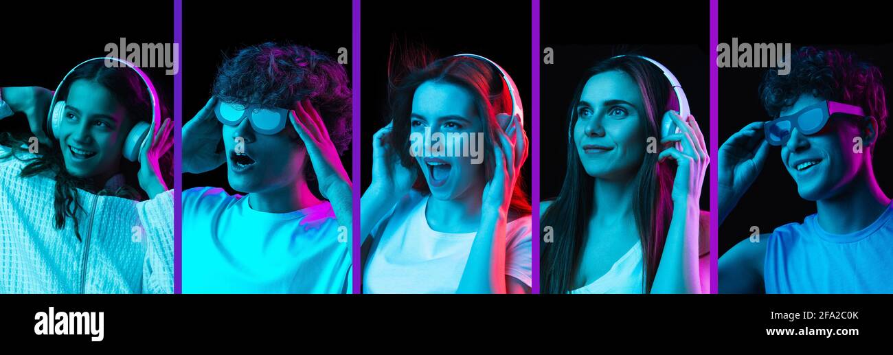Collage of five young people isolated on dack background in neon light Stock Photo