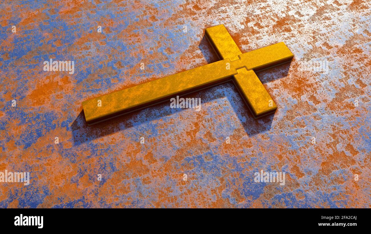 Concept or conceptual golden cross on a rusted corroded metal or steel sheet background. 3d illustration metaphor for God, Christ, religious, faith Stock Photo