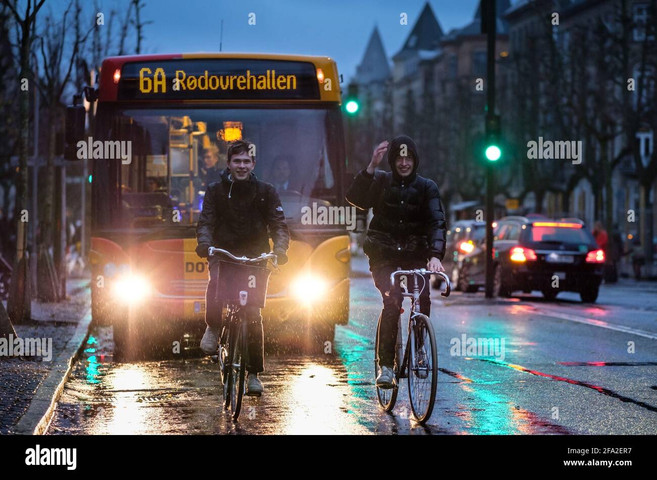 Copenhagen, Denmark 27 November 2017. Route bus 6A operated by Movia. Rain  in Copenhagen Stock Photo - Alamy