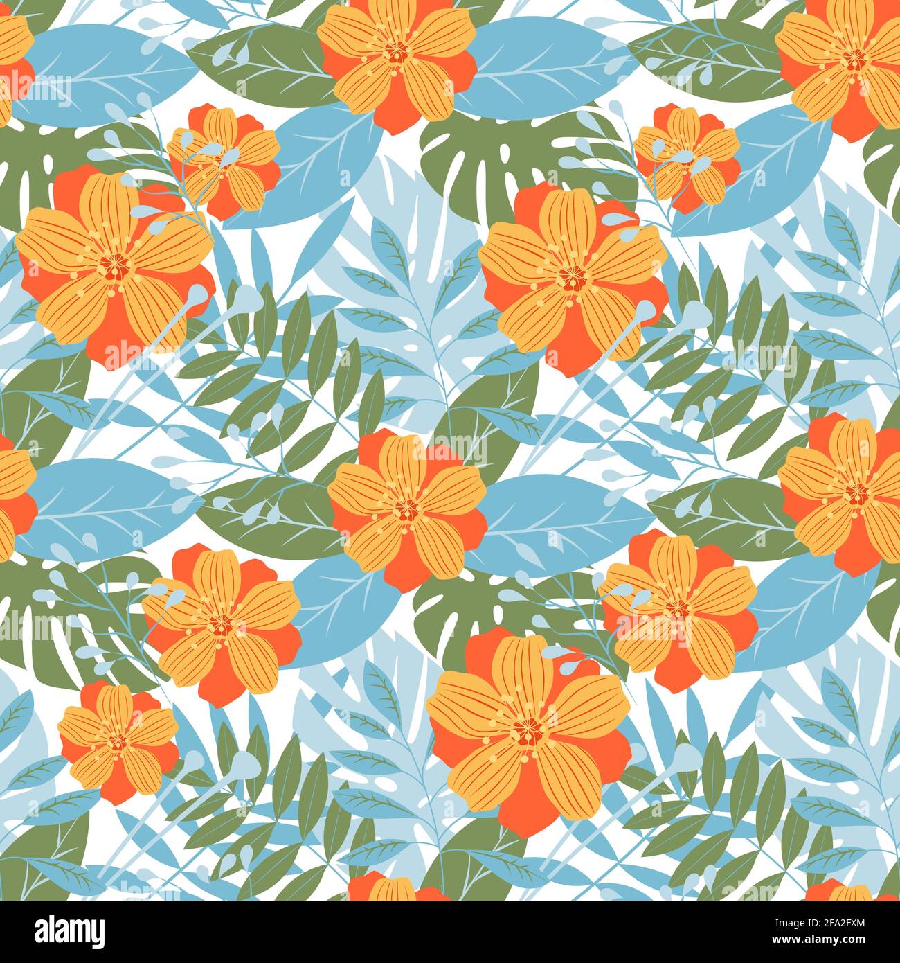 Trendy vector pattern of blue and green tropical leaves and plants with orange flowers. Seamless floral spring and summer design over white background Stock Vector