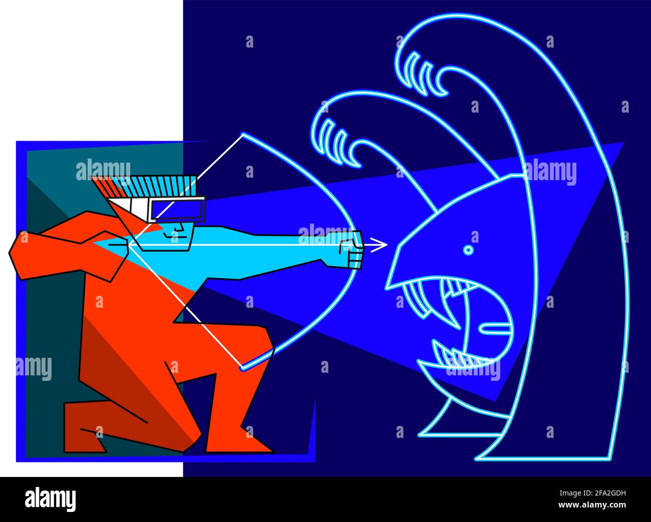 A man in virtual reality glasses archery a bow at a monster from virtual space. Suprematist composition in contrasting colors: dark blue, azure, red. Stock Vector