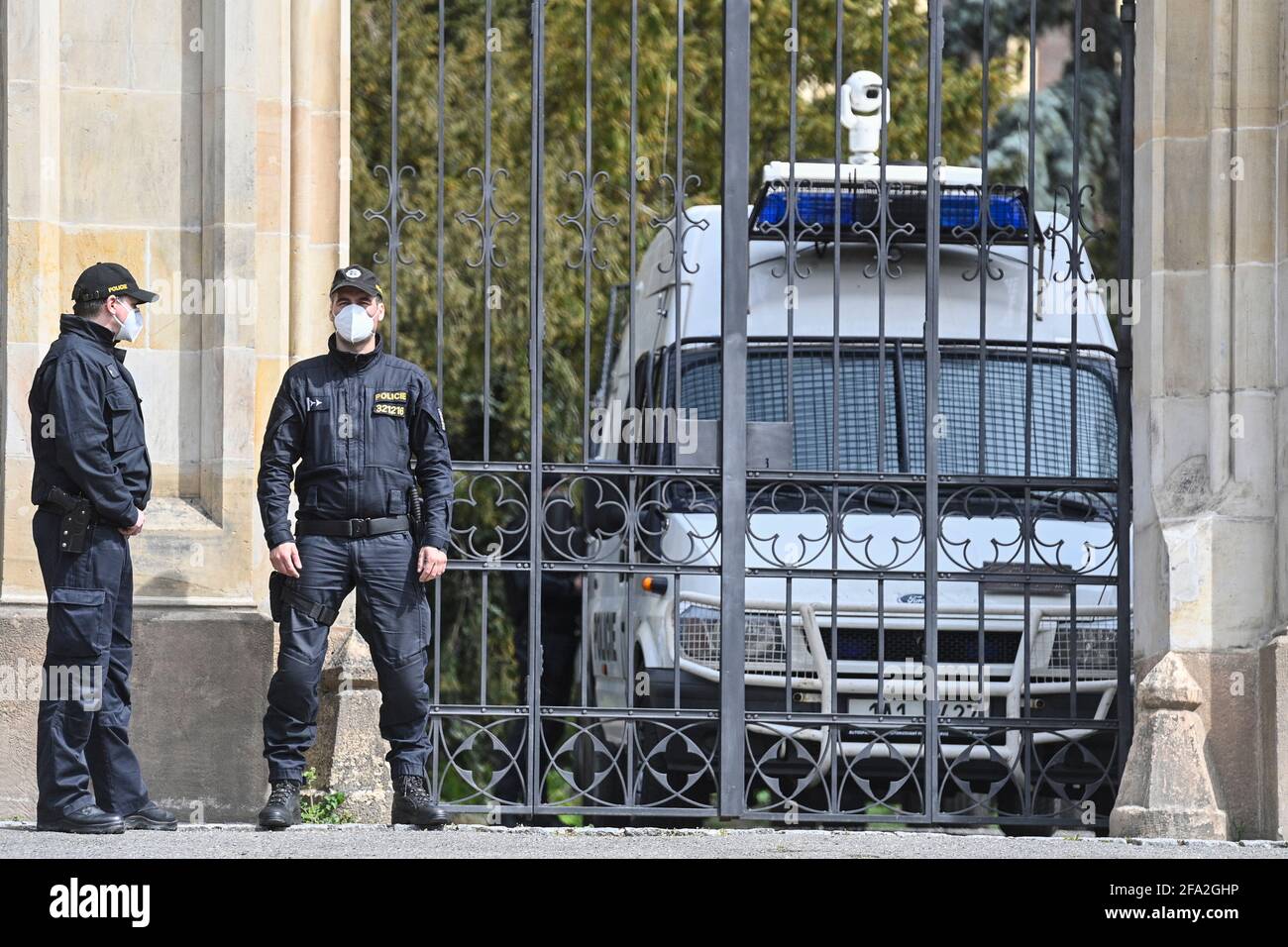 Prague, Czech Republic. 22nd Apr, 2021. Patrol of Czech police in front of  the Embassy of the Russian Federation in Prague, Czech Republic, on  Thursday, April 22, 2021. Russia should allow the