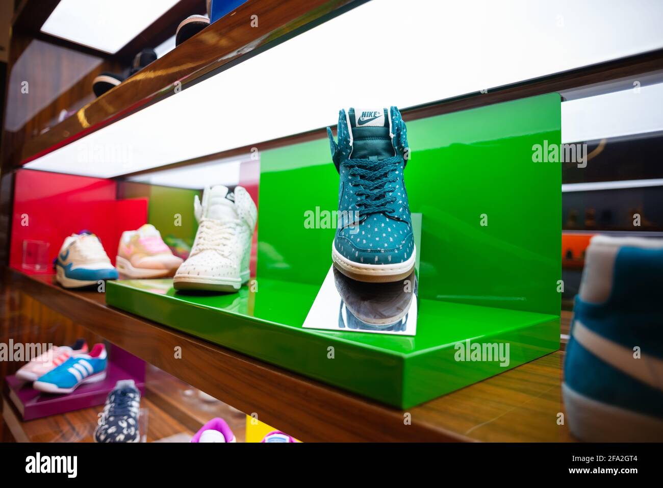 Dubai, UAE - May 31, 2013. A shelf with ultramarine color Nike shoes in The  Dubai Mall in Dubai, United Arab Emirates Stock Photo - Alamy