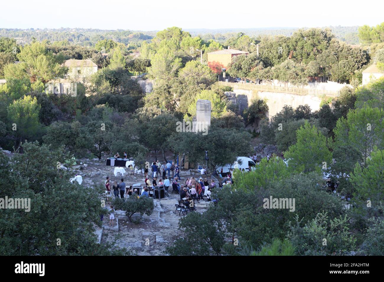 Preparations for open air Jazz Festival at Junas Quarries, Gard, Languedoc Roussillon, France Stock Photo