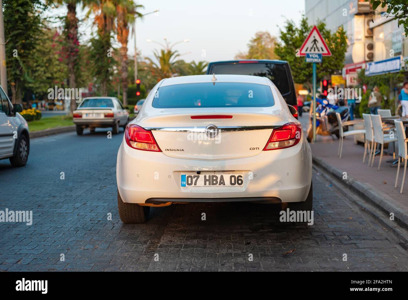 Alanya, Turkey - August 30, 2013. White Opel Insignia at the street of touristic city Alanya. Stock Photo