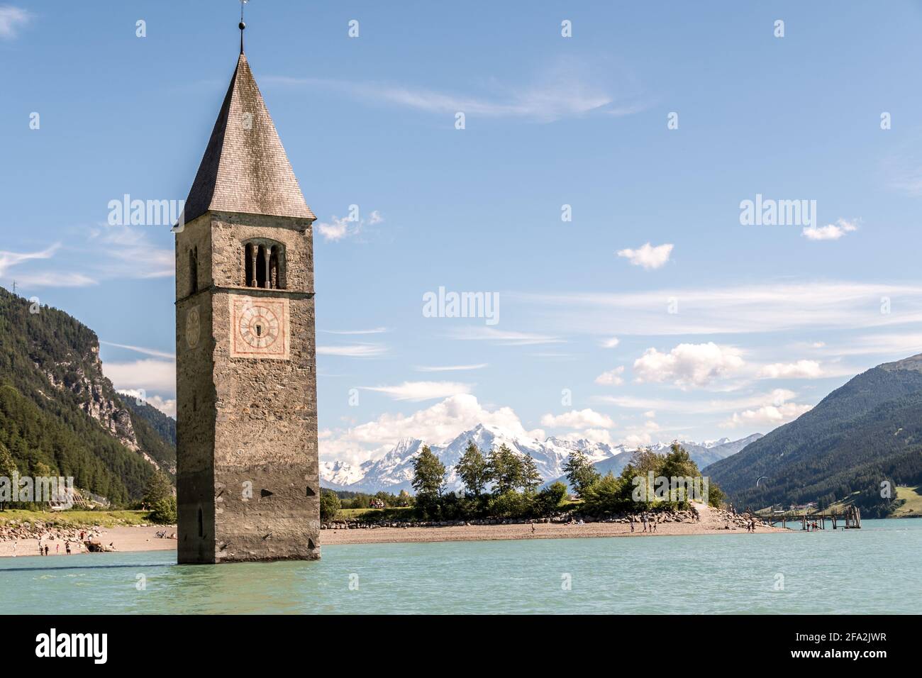 Submerged Bell Tower of Curon at Graun im Vinschgau on Lake Reschen (Lago di Resia) in South Tyrol, Alto Adige, Südtirol, Italy. In Venosta Valley, Vi Stock Photo