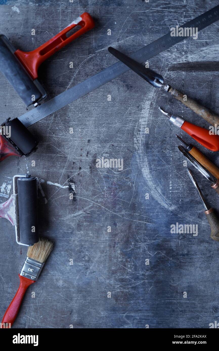 Linocut Materials and Tools Stock Image - Image of background